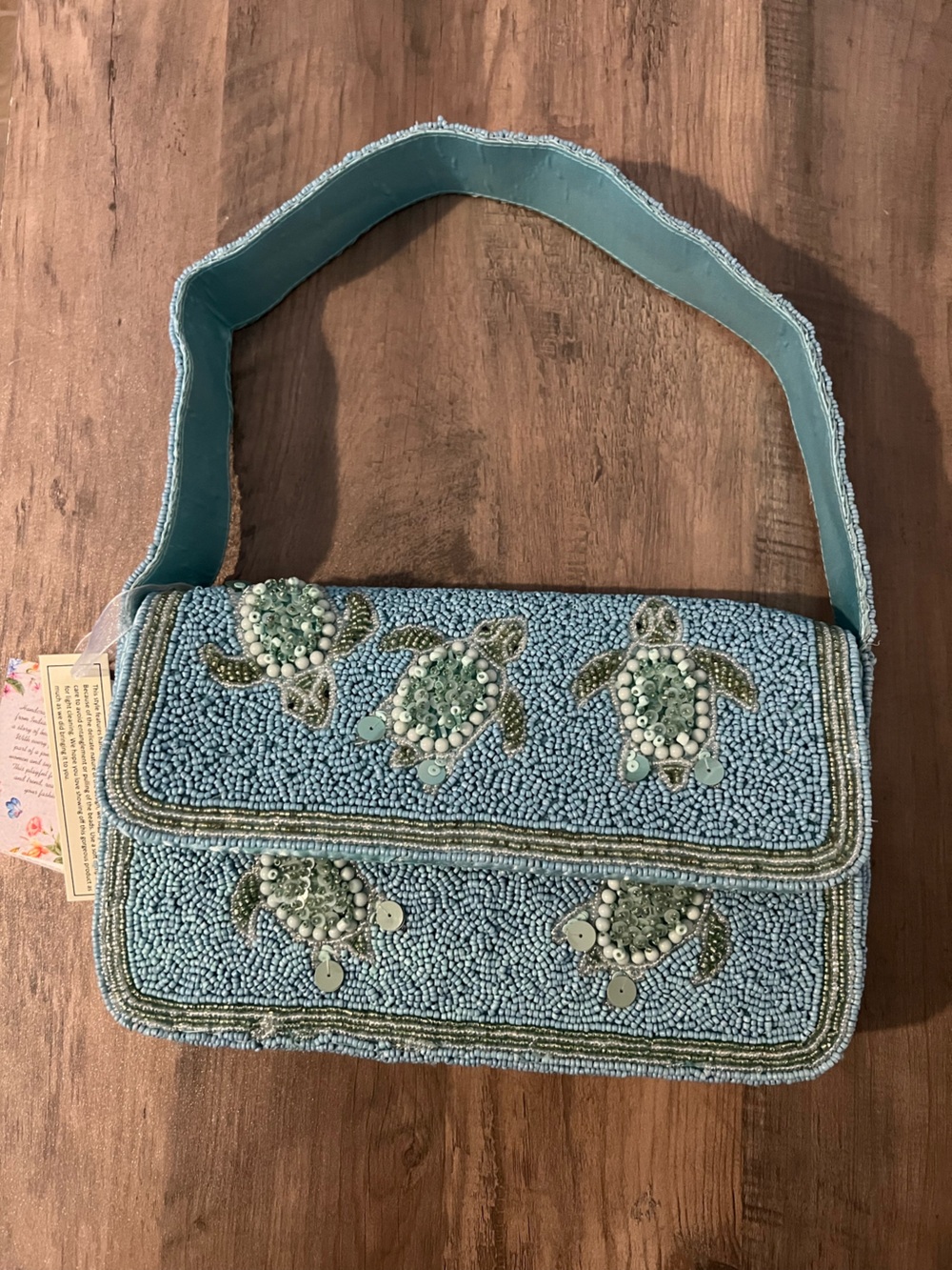 NWT Women’s Blue Beaded Sea Turtle Shoulder Bag Light -Blue & Teal
